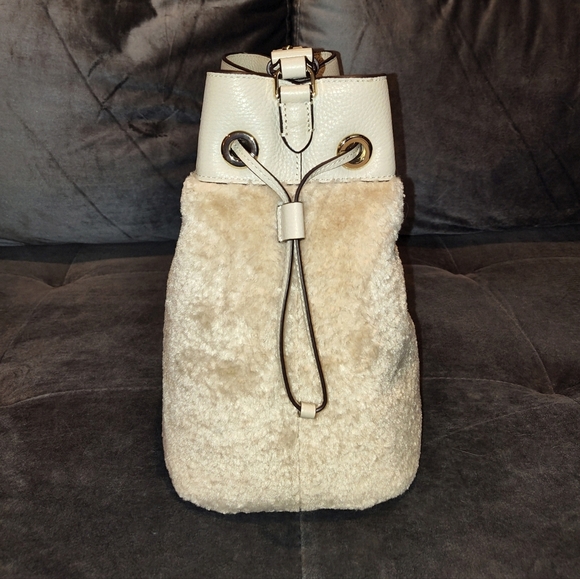 KATE SPADE MARTI MIXED DRAW-STRING BUCKET BAG BLUSH LEATHER & PLUSH FAUX FUR EUC - Picture 5 of 13